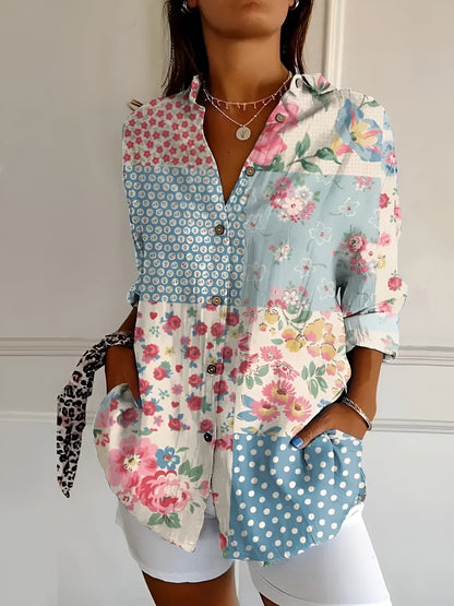 Floral button front blouse featuring an airy fit, perfect for women's summer casual outings. 2