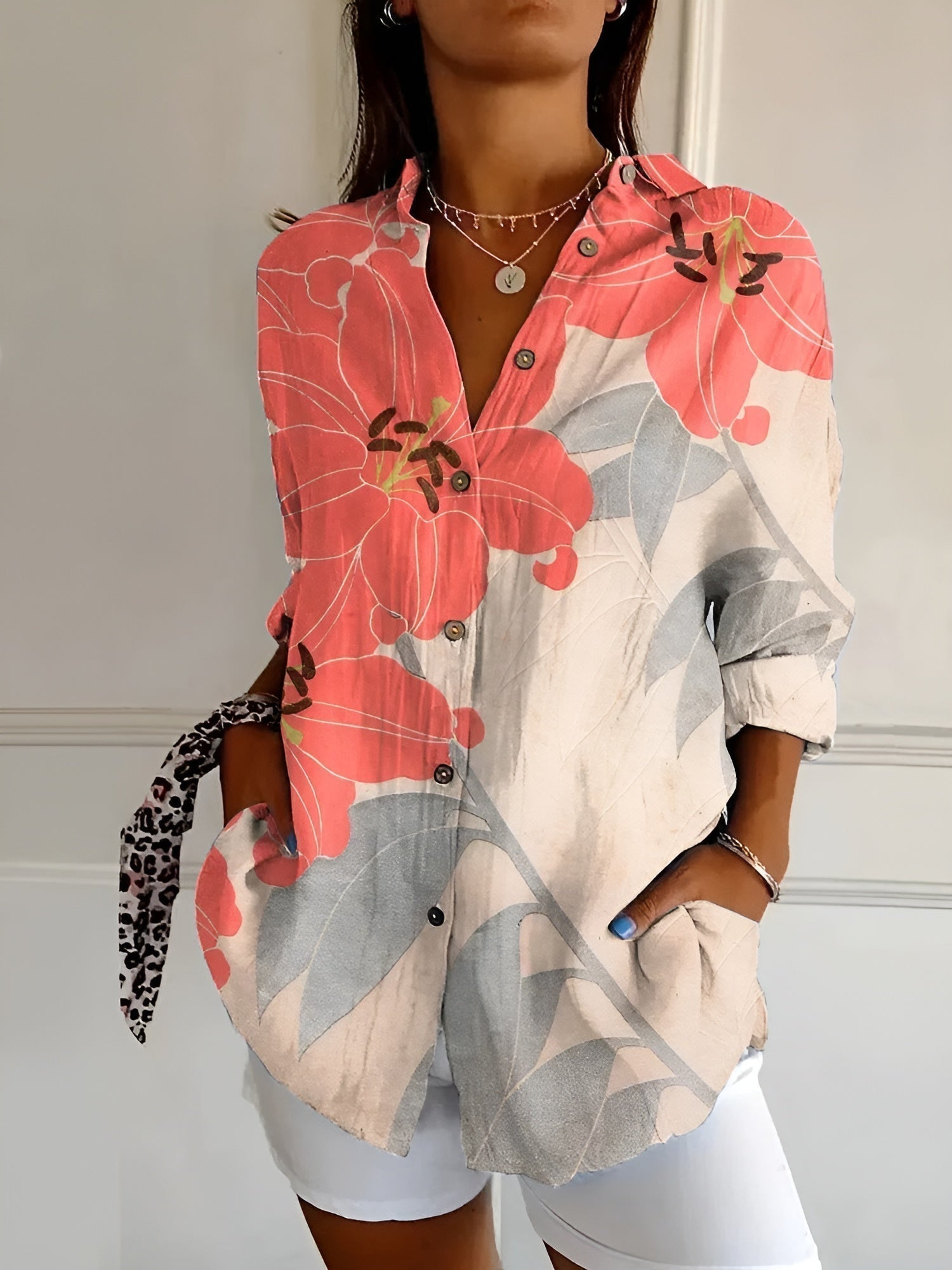 Floral button front blouse featuring an airy fit, perfect for women's summer casual outings. 6