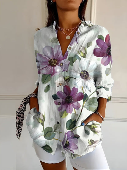 Floral button front blouse featuring an airy fit, perfect for women's summer casual outings. 7