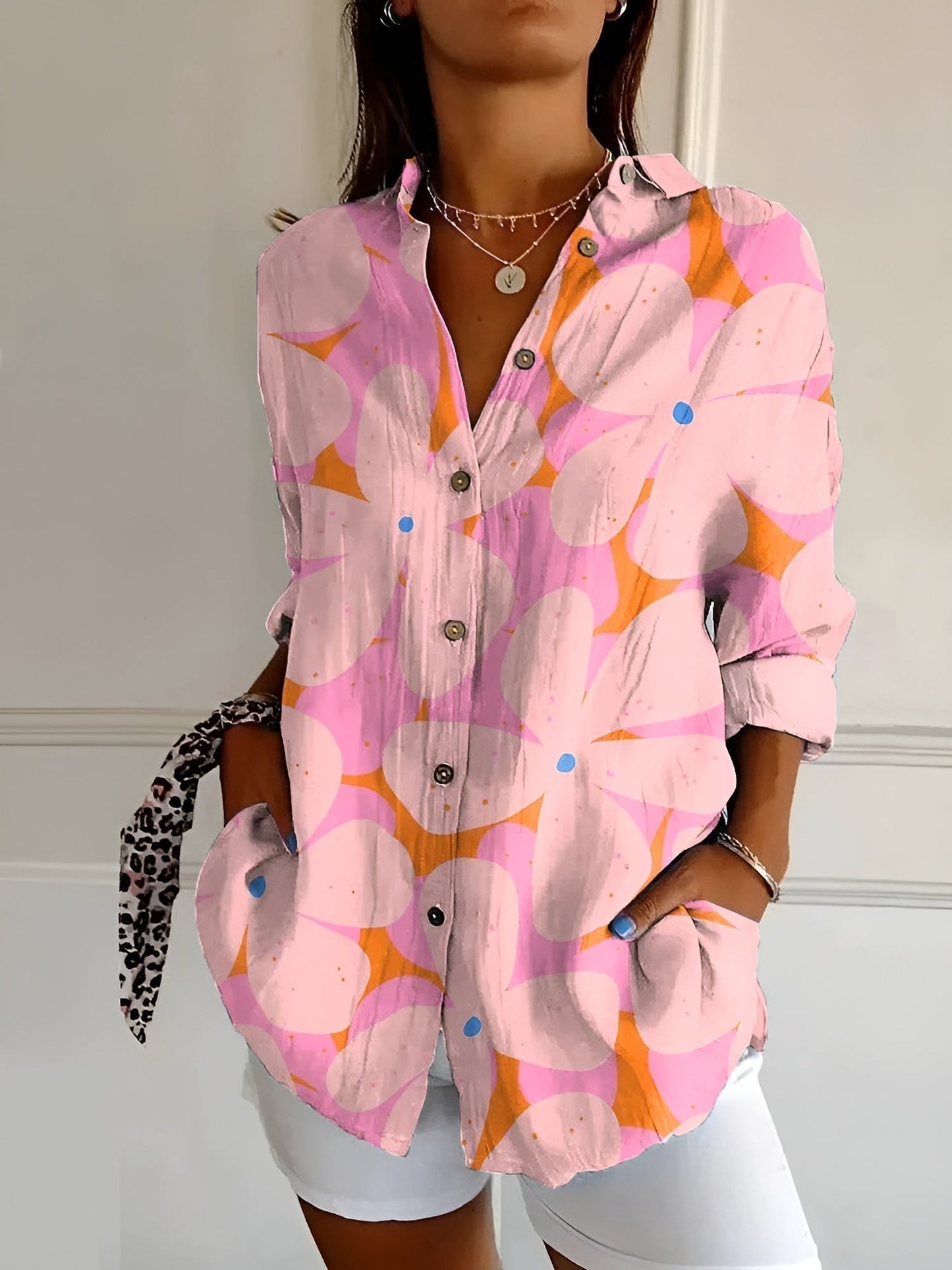 Floral button front blouse featuring an airy fit, perfect for women's summer casual outings. 5