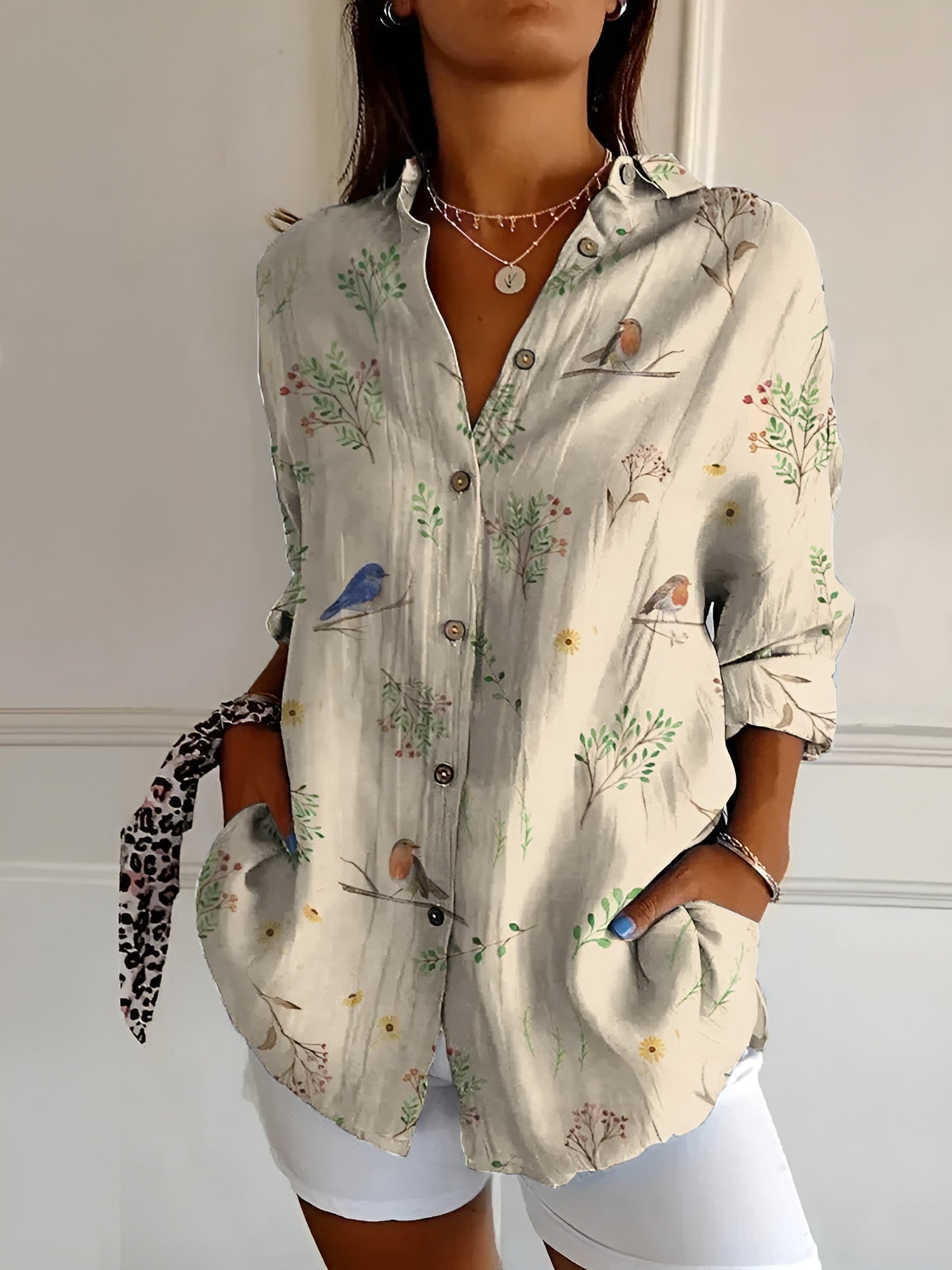 Floral button front blouse featuring an airy fit, perfect for women's summer casual outings. 4