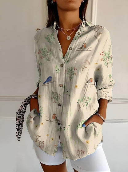 Floral button front blouse featuring an airy fit, perfect for women's summer casual outings. 4