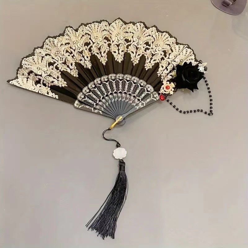 Floral folding fan with lace design, perfect for weddings and parties, showcasing an elegant and lightweight accessory for stylish occasions. 3
