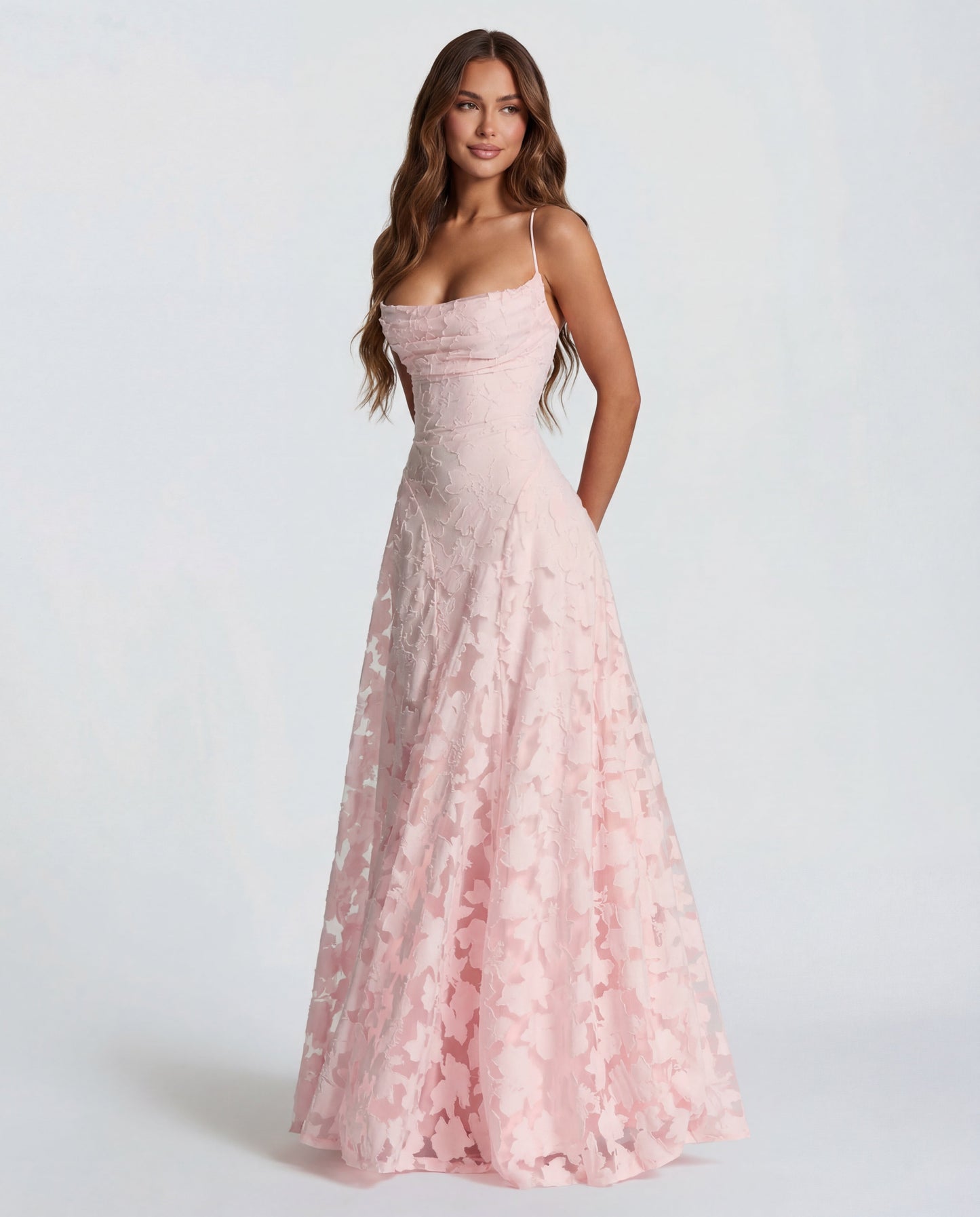 Floral maxi dress with adjustable straps and a flowing skirt in elegant lace design, perfect for women, showcased in a soft pastel pink color. 0
