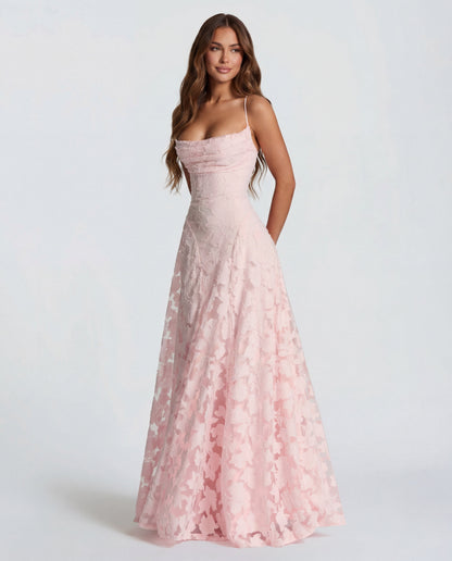 Floral maxi dress with adjustable straps and a flowing skirt in elegant lace design, perfect for women, showcased in a soft pastel pink color. 0