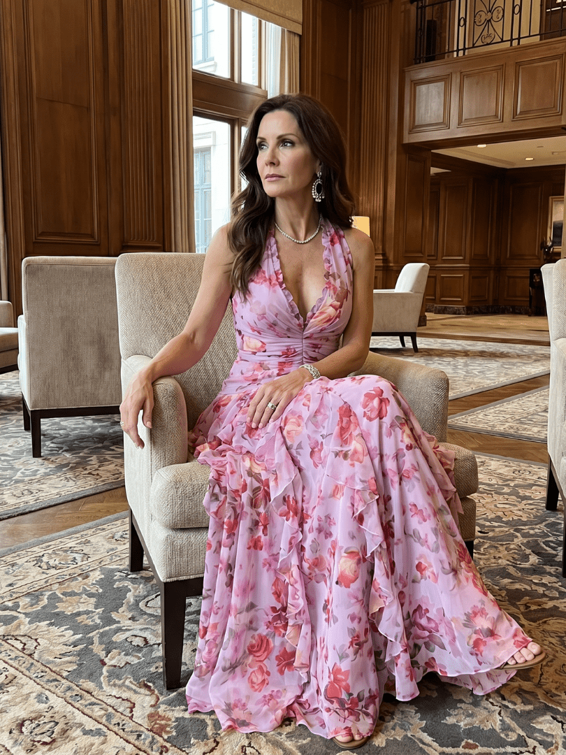 Floral maxi dress with halter neck and ruched bodice, perfect lightweight summer dress for wedding guests, featuring vibrant colors and elegant design. 4