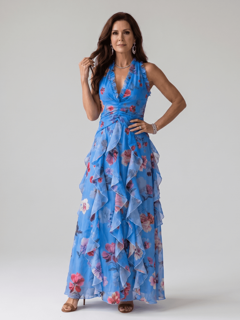 Floral maxi dress with halter neck and ruched bodice, perfect lightweight summer dress for wedding guests, featuring vibrant colors and elegant design. 5