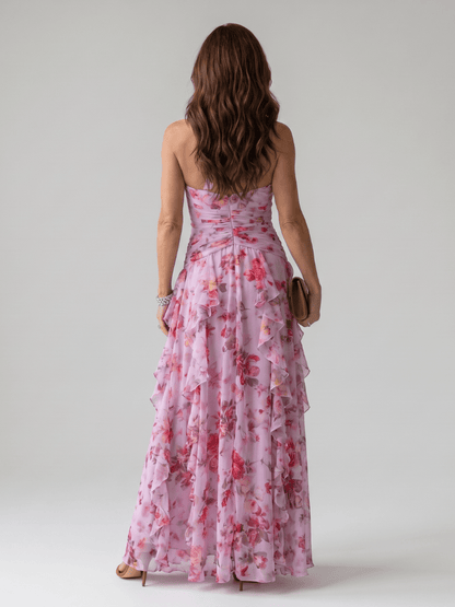 Floral maxi dress with halter neck and ruched bodice, perfect lightweight summer dress for wedding guests, featuring vibrant colors and elegant design. 3
