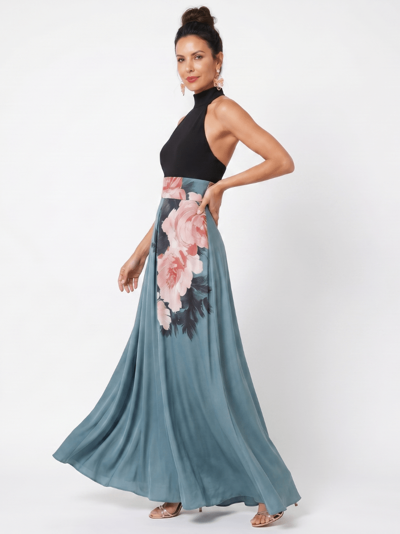 Floral maxi dress with halter neckline and front slit, perfect for elegant evening wear, crafted from smooth fluid fabric. 1
