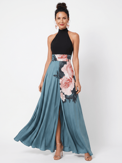 Floral maxi dress with halter neckline and front slit, perfect for elegant evening wear, crafted from smooth fluid fabric. 0