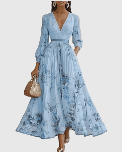 Elegant floral maxi dress featuring long sleeves and a ribbon-tie waist, designed with a flattering V-neckline for women. 5