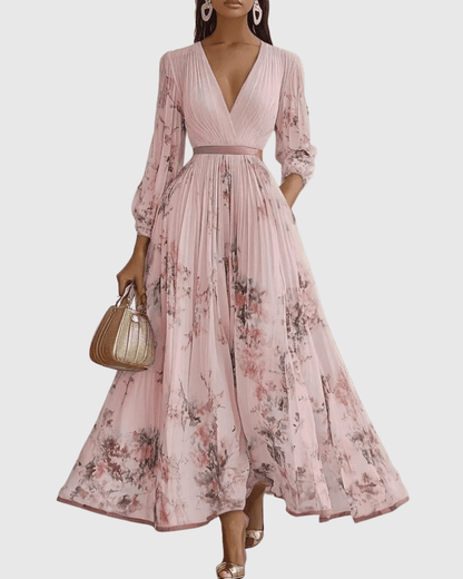 Elegant floral maxi dress featuring long sleeves and a ribbon-tie waist, designed with a flattering V-neckline for women. 10