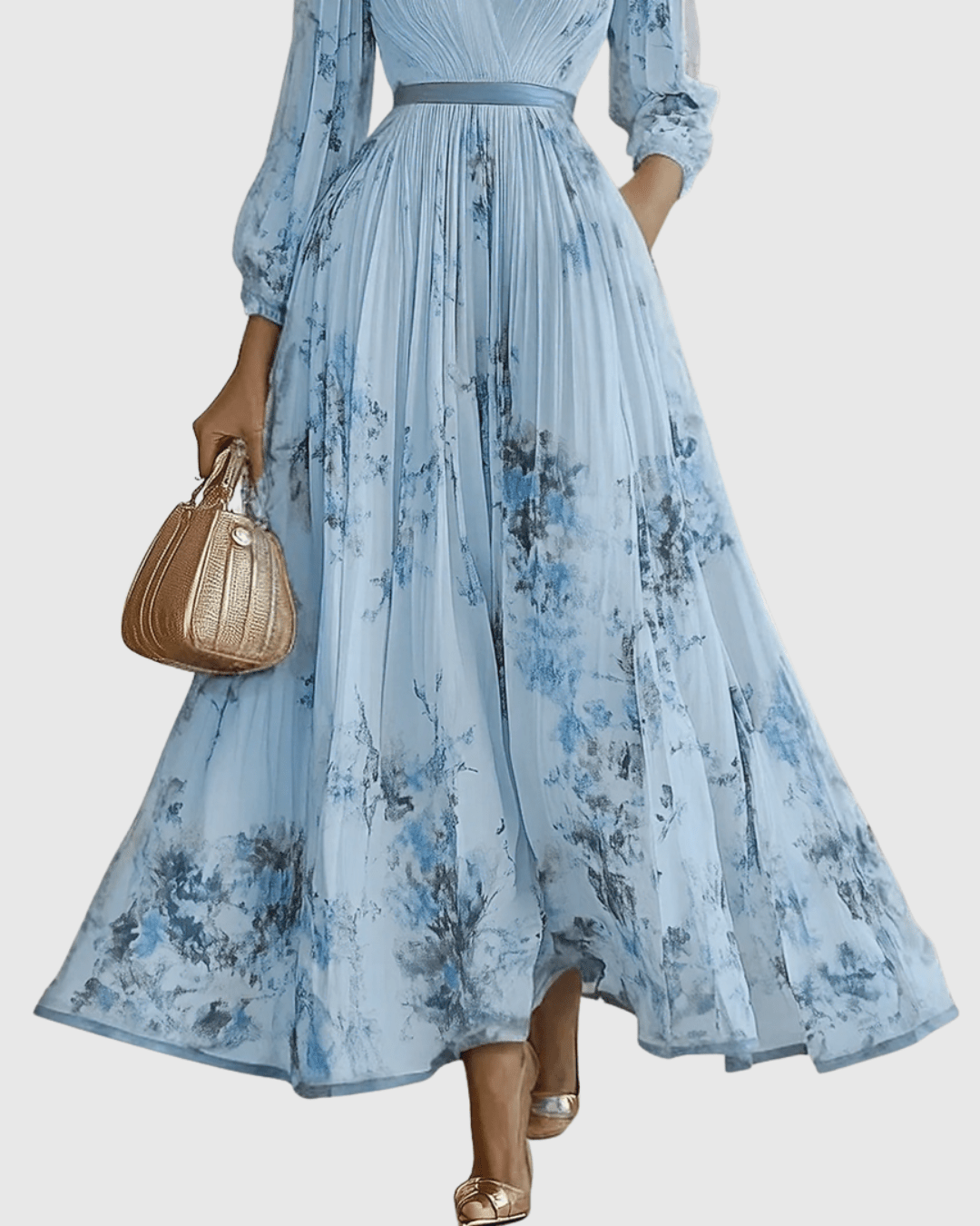 Elegant floral maxi dress featuring long sleeves and a ribbon-tie waist, designed with a flattering V-neckline for women. 6