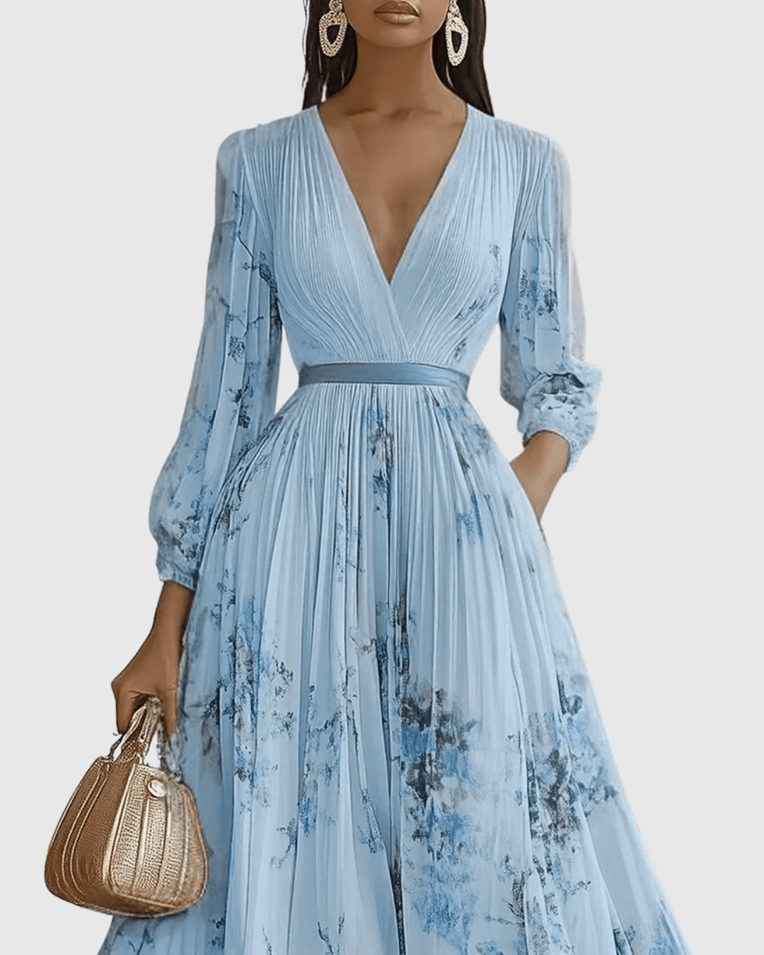 Elegant floral maxi dress featuring long sleeves and a ribbon-tie waist, designed with a flattering V-neckline for women. 4