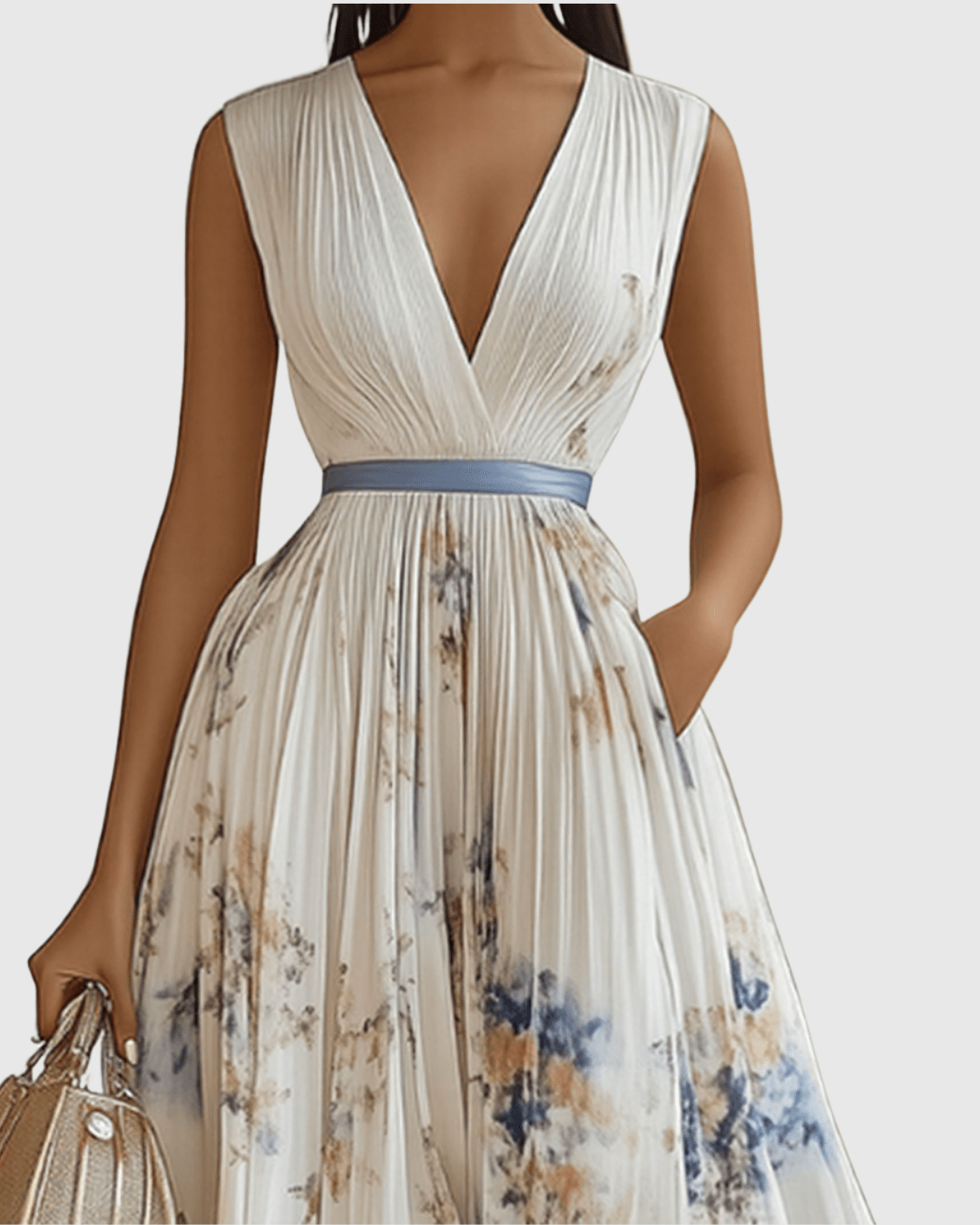 Elegant floral maxi dress featuring long sleeves and a ribbon-tie waist, designed with a flattering V-neckline for women. 1