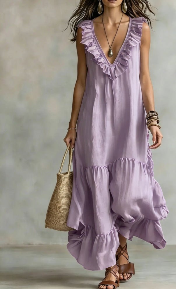 Floral maxi dress featuring ruffle details and an irregular hem, perfect for casual vacation style in lightweight fabric. 0