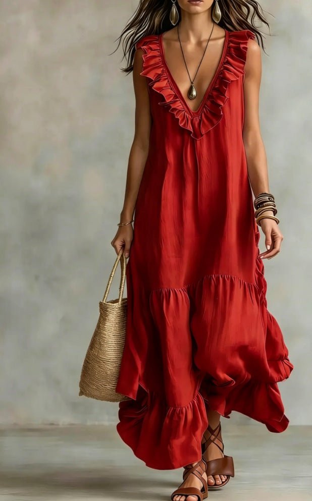 Floral maxi dress featuring ruffle details and an irregular hem, perfect for casual vacation style in lightweight fabric. 1
