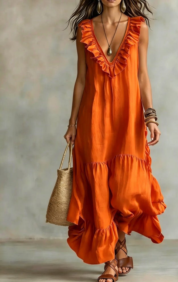 Floral maxi dress featuring ruffle details and an irregular hem, perfect for casual vacation style in lightweight fabric. 2