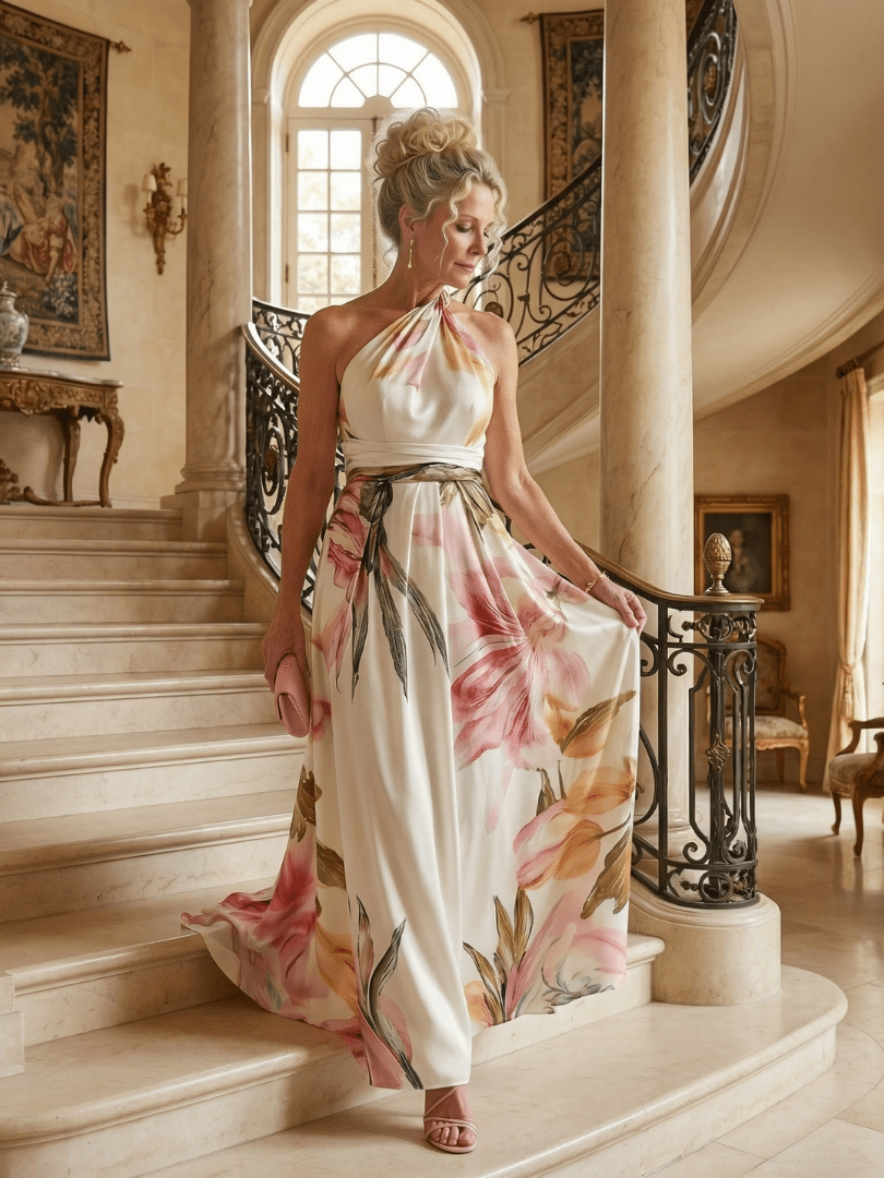 Floral maxi dress featuring a sleeveless halter neckline, perfect for summer weddings, showcasing a lightweight design and vibrant floral patterns. 6