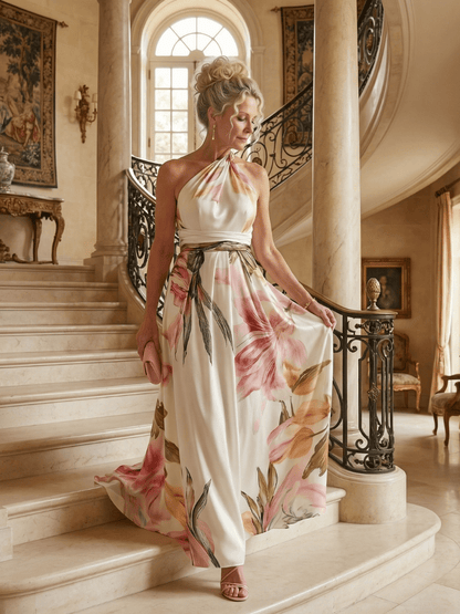 Floral maxi dress featuring a sleeveless halter neckline, perfect for summer weddings, showcasing a lightweight design and vibrant floral patterns. 6