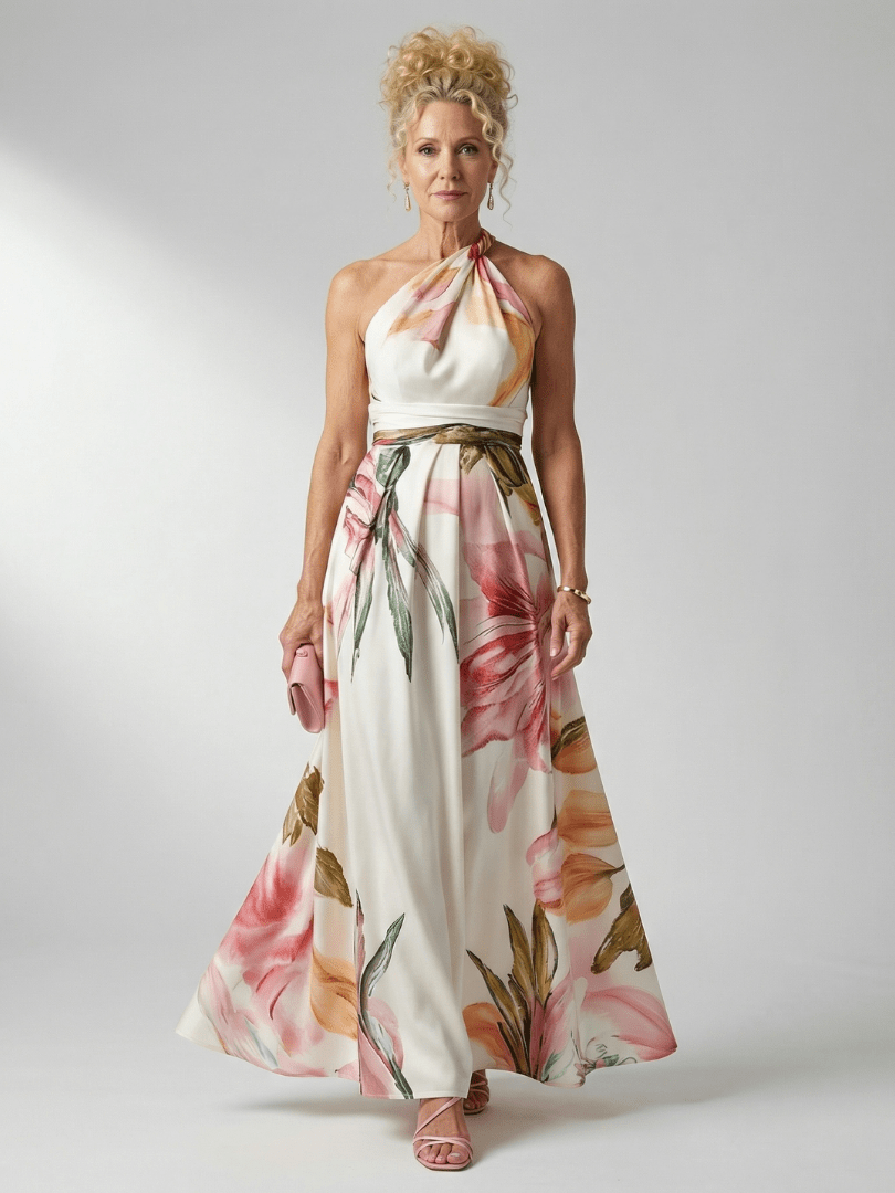 Floral maxi dress featuring a sleeveless halter neckline, perfect for summer weddings, showcasing a lightweight design and vibrant floral patterns. 0