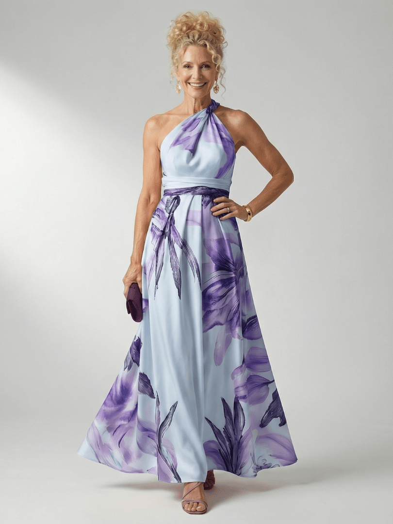 Floral maxi dress featuring a sleeveless halter neckline, perfect for summer weddings, showcasing a lightweight design and vibrant floral patterns. 7