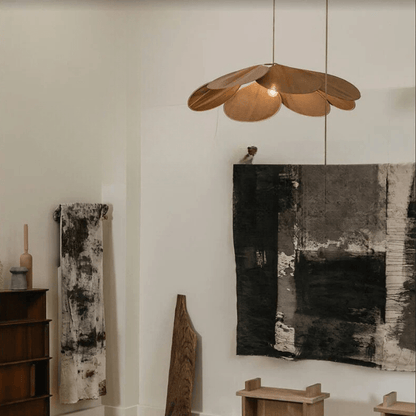Flower-shaped hanging lamp featuring a warm light design, crafted from fabric and metal, ideal for enhancing the ambiance of living rooms and dining rooms. 0