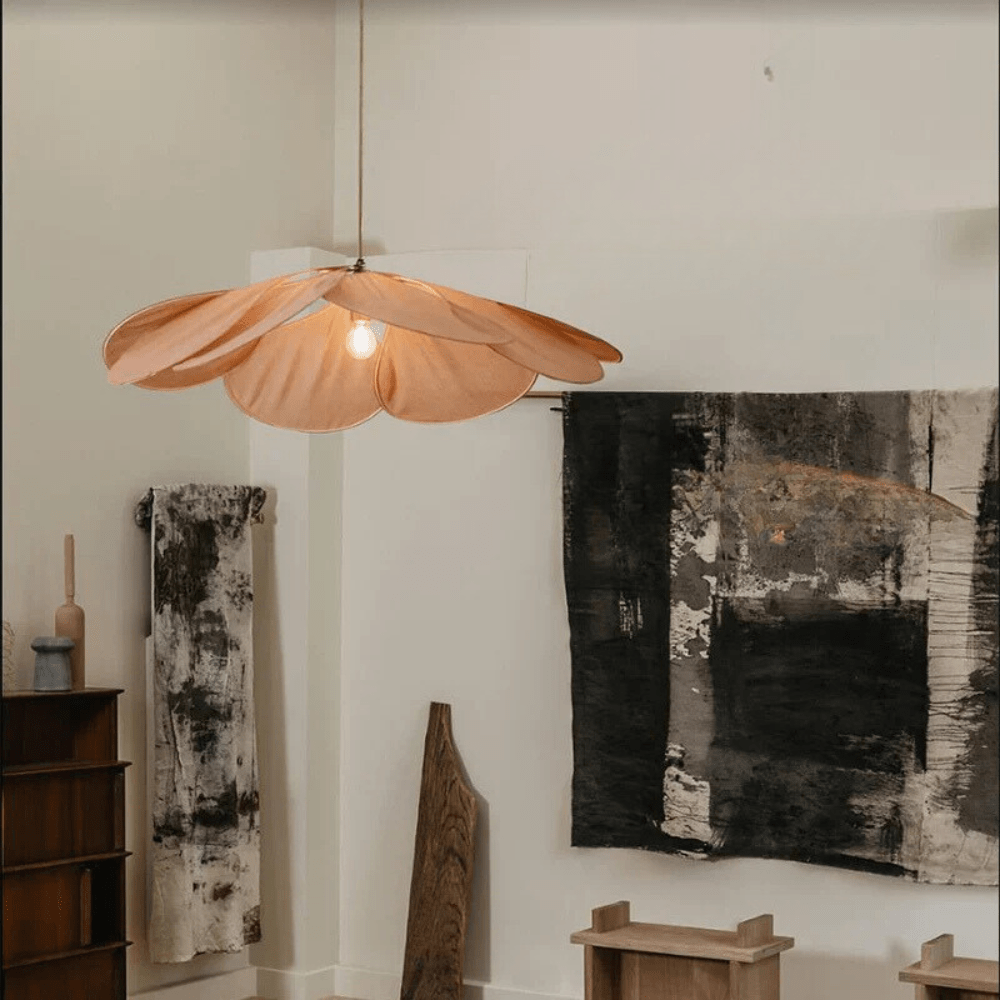 Flower-shaped hanging lamp featuring a warm light design, crafted from fabric and metal, ideal for enhancing the ambiance of living rooms and dining rooms. 6