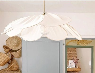 Flower-shaped hanging lamp featuring a modern design with a fabric and metal finish, emitting warm light, ideal for enhancing the ambiance in living rooms or bedrooms. 4