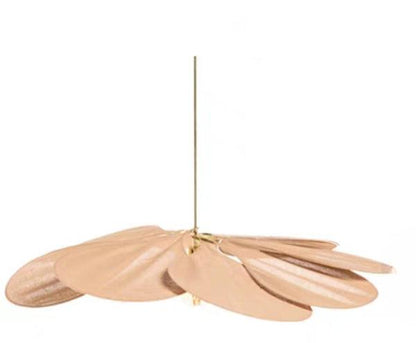 Flower-shaped hanging lamp featuring a modern design with a fabric and metal finish, emitting warm light, ideal for enhancing the ambiance in living rooms or bedrooms. 2
