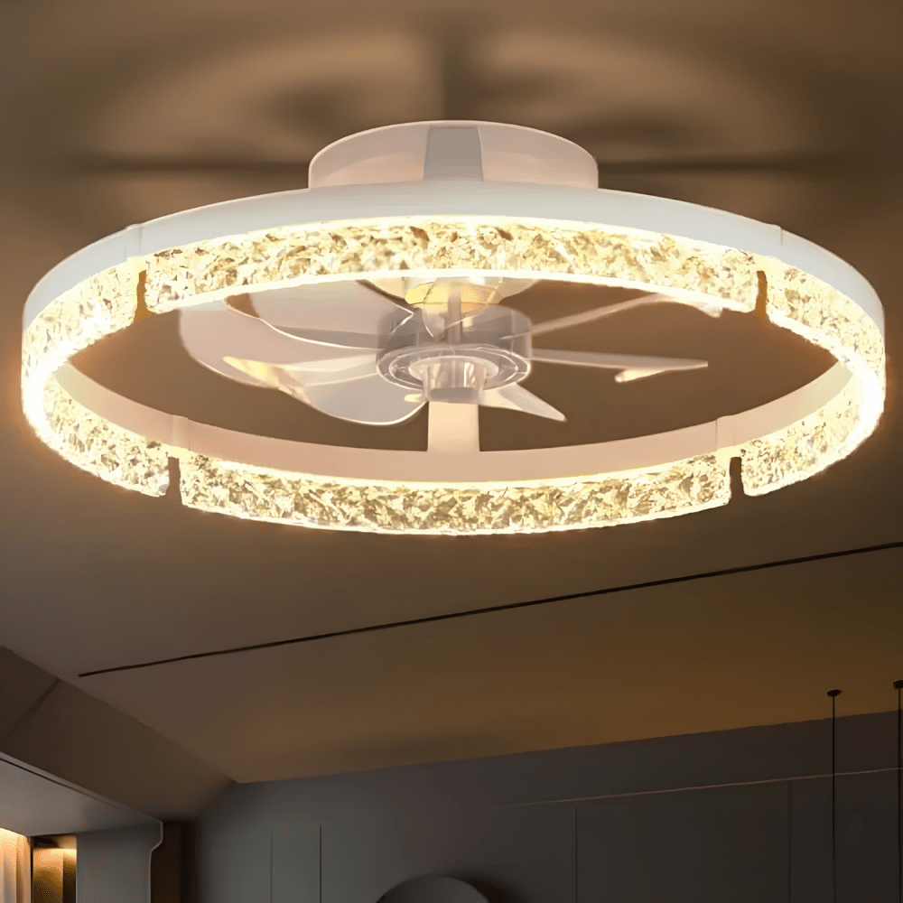 Flush mount ceiling fan in modern white design featuring a dimmable LED light and remote control for convenient operation. 0