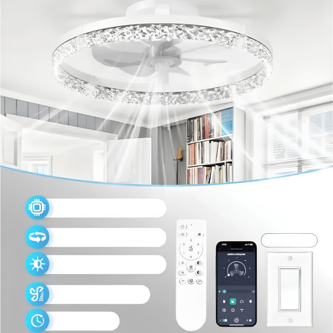 Flush Mount Ceiling Fan with Dimmable LED Light and Remote Control – Modern White Design