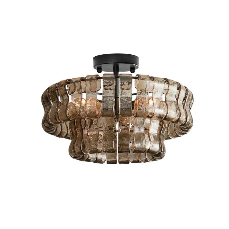 Flush mount ceiling light featuring a hand-crafted glass design and sturdy metal frame, available in clear, smoke grey, green, or amber, perfect for modern 30
