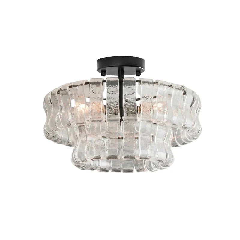 Flush mount ceiling light featuring a hand-crafted glass design and sturdy metal frame, available in clear, smoke grey, green, or amber, perfect for modern 15
