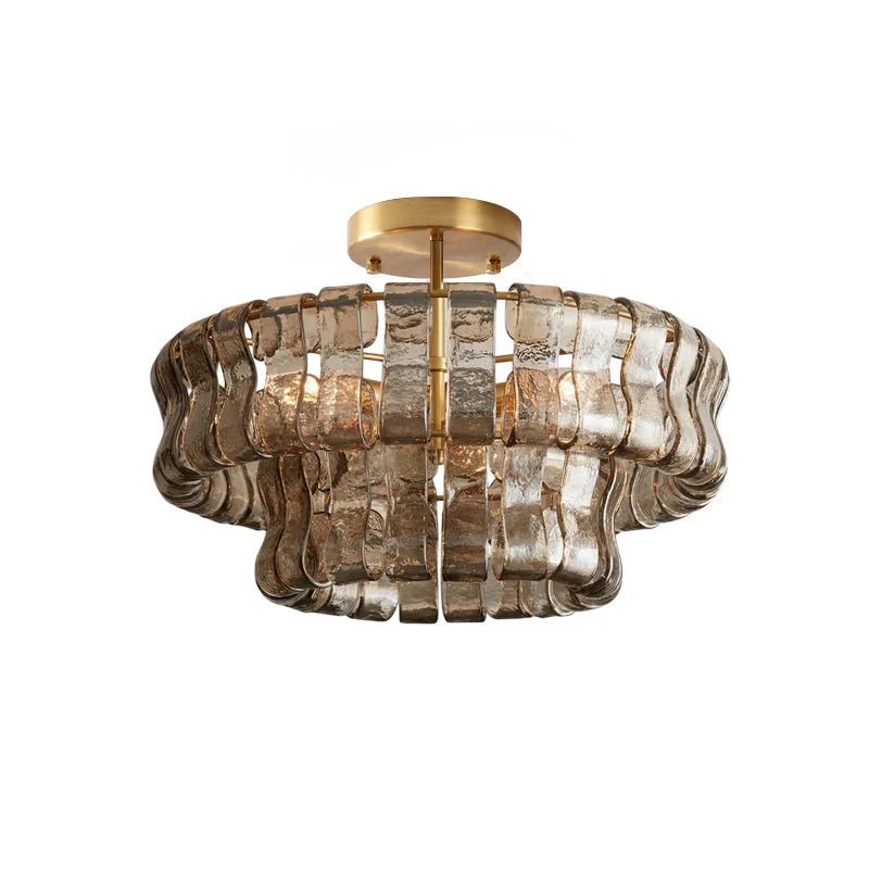 Flush mount ceiling light featuring a hand-crafted glass design and sturdy metal frame, available in clear, smoke grey, green, or amber, perfect for modern 0
