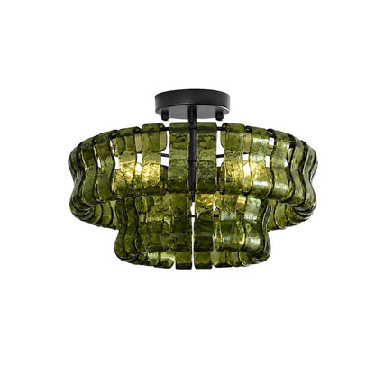 Flush mount ceiling light featuring a hand-crafted glass design and sturdy metal frame, available in clear, smoke grey, green, or amber, perfect for modern 22