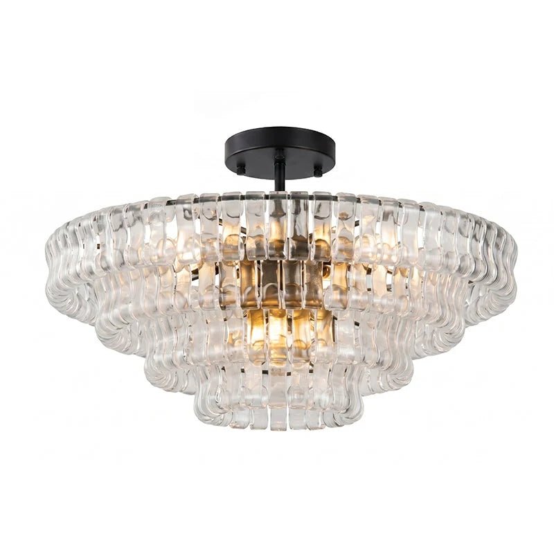 Flush mount ceiling light featuring a hand-crafted glass design and sturdy metal frame, available in clear, smoke grey, green, or amber, perfect for modern 17