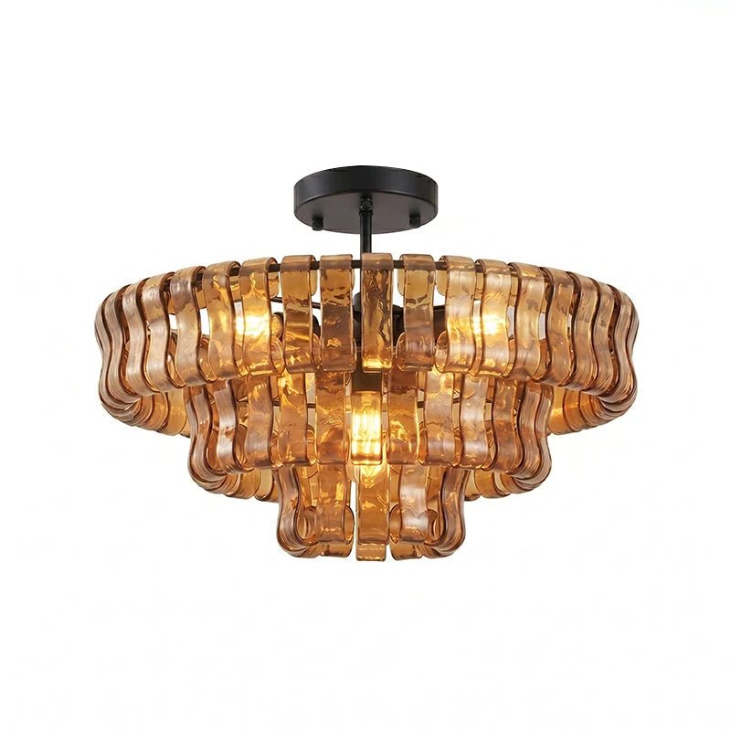 Flush mount ceiling light featuring a hand-crafted glass design and sturdy metal frame, available in clear, smoke grey, green, or amber, perfect for modern 27