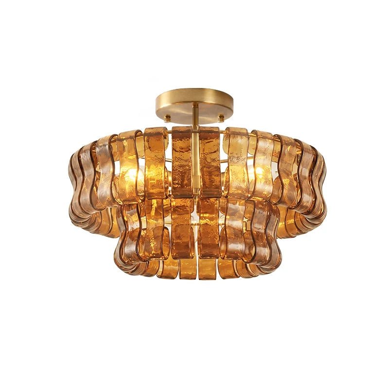 Flush mount ceiling light featuring a hand-crafted glass design and sturdy metal frame, available in clear, smoke grey, green, or amber, perfect for modern 18