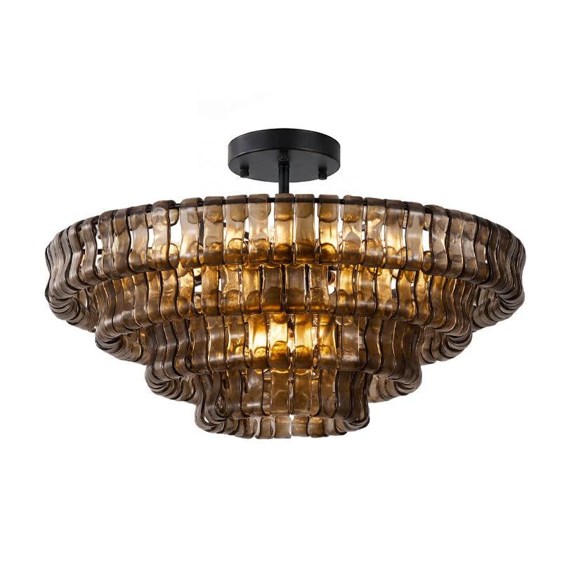 Flush mount ceiling light featuring a hand-crafted glass design and sturdy metal frame, available in clear, smoke grey, green, or amber, perfect for modern 11