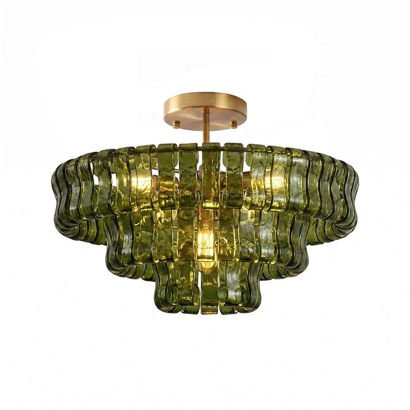 Flush mount ceiling light featuring a hand-crafted glass design and sturdy metal frame, available in clear, smoke grey, green, or amber, perfect for modern 14