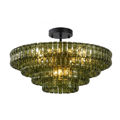 Flush mount ceiling light featuring a hand-crafted glass design and sturdy metal frame, available in clear, smoke grey, green, or amber, perfect for modern 13