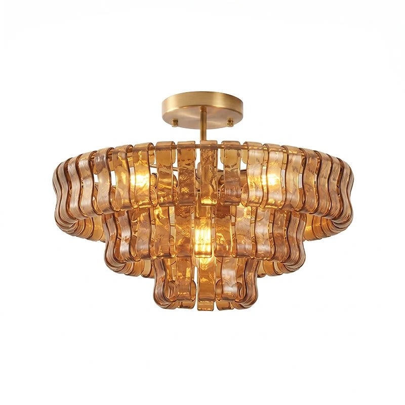 Flush mount ceiling light featuring a hand-crafted glass design and sturdy metal frame, available in clear, smoke grey, green, or amber, perfect for modern 25