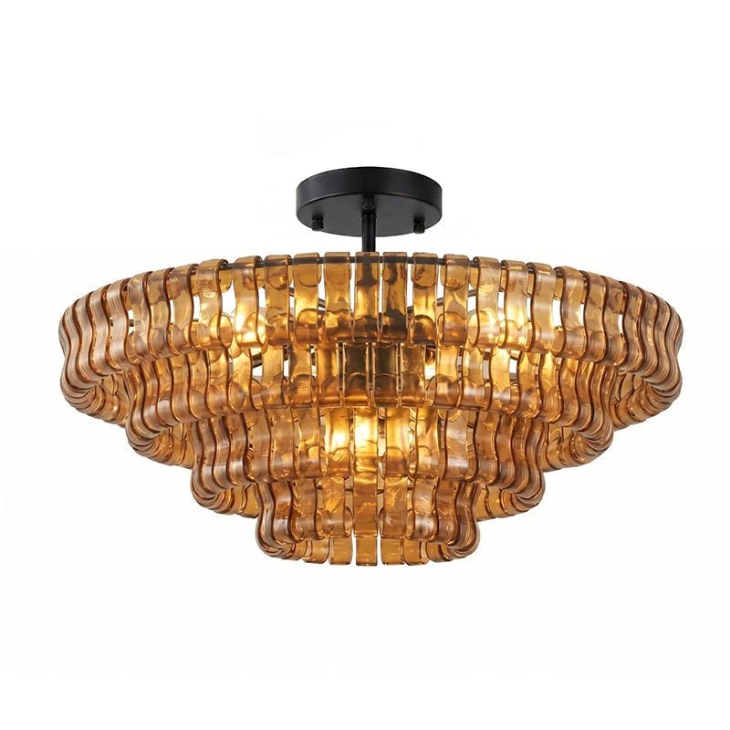 Flush mount ceiling light featuring a hand-crafted glass design and sturdy metal frame, available in clear, smoke grey, green, or amber, perfect for modern 21