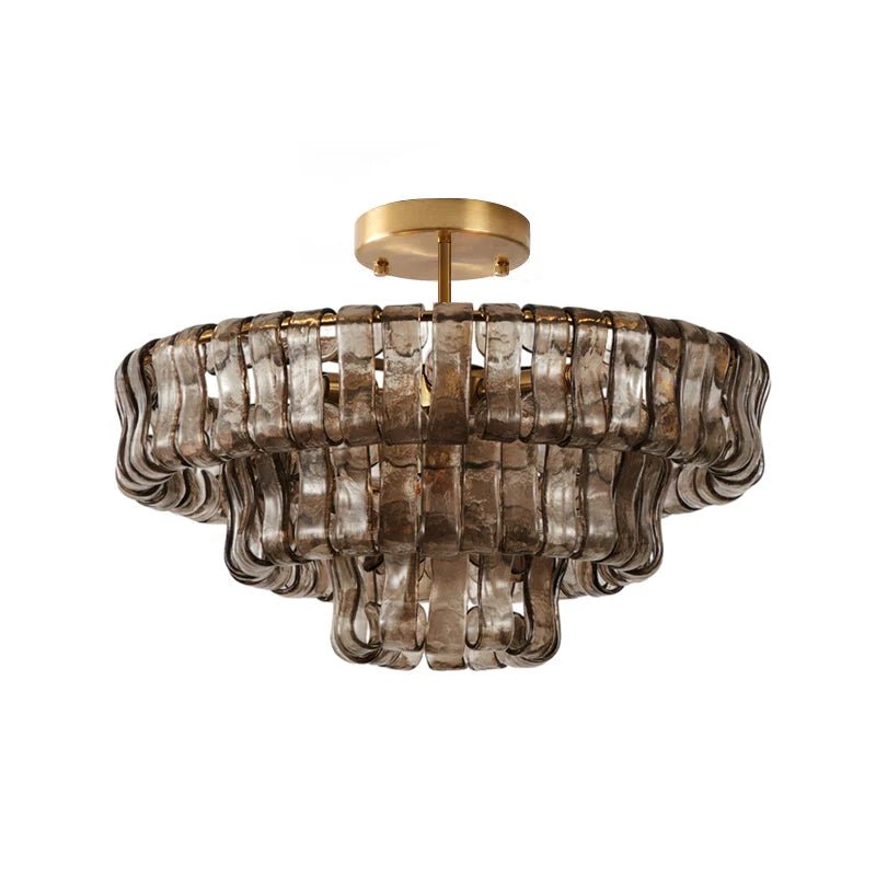 Flush mount ceiling light featuring a hand-crafted glass design and sturdy metal frame, available in clear, smoke grey, green, or amber, perfect for modern 10