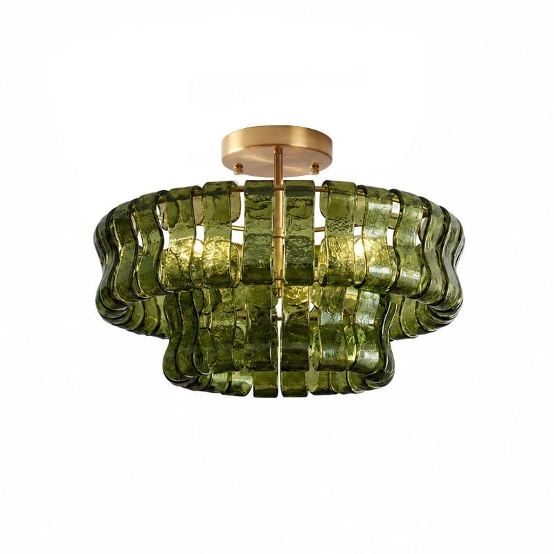 Flush mount ceiling light featuring a hand-crafted glass design and sturdy metal frame, available in clear, smoke grey, green, or amber, perfect for modern 29
