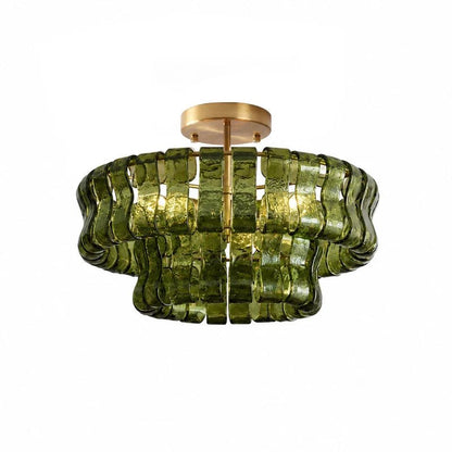 Flush mount ceiling light featuring a hand-crafted glass design and sturdy metal frame, available in clear, smoke grey, green, or amber, perfect for modern 29