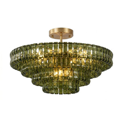 Flush mount ceiling light featuring a hand-crafted glass design and sturdy metal frame, available in clear, smoke grey, green, or amber, perfect for modern 28