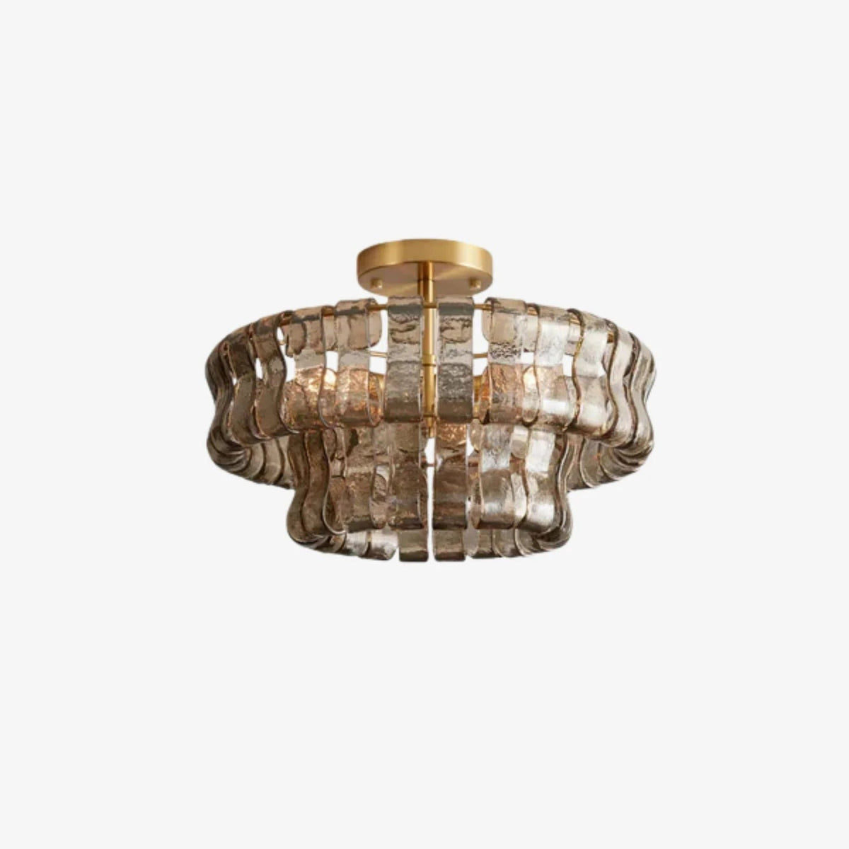 Flush mount ceiling light featuring a hand-crafted glass design and sturdy metal frame, available in clear, smoke grey, green, or amber, perfect for modern 1