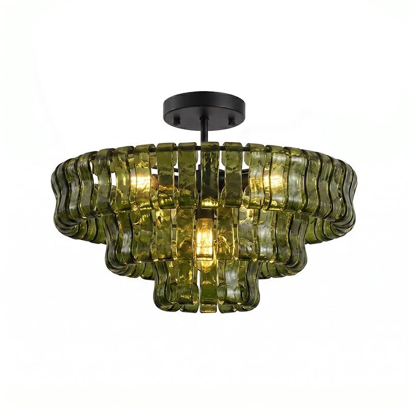 Flush mount ceiling light featuring a hand-crafted glass design and sturdy metal frame, available in clear, smoke grey, green, or amber, perfect for modern 23